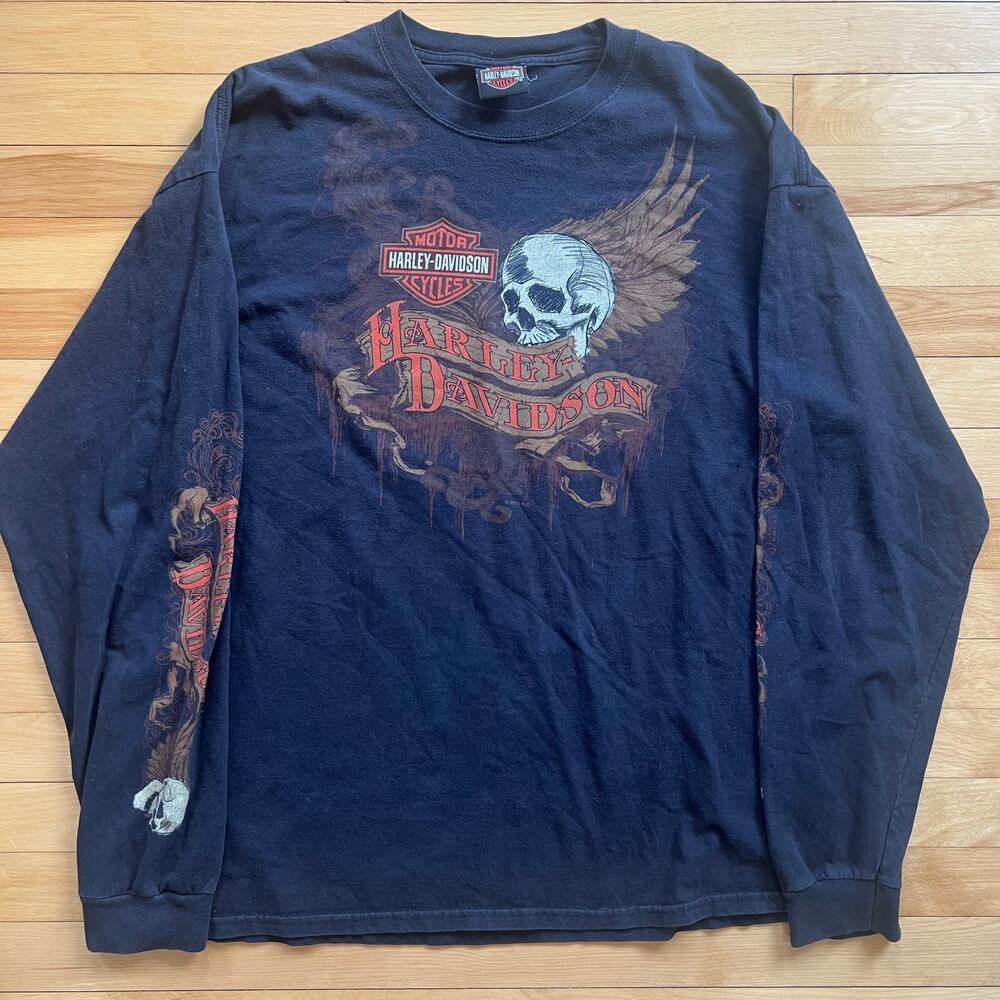 Vintage Harley Davidson Skull Wing Y2k Long Sleeve Steel City Biker T-Shirt